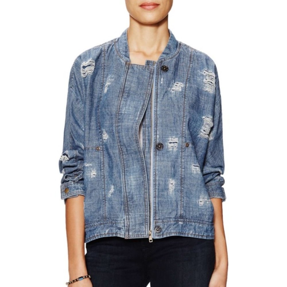 Free People Distressed Denim Jean Tennis Jacket Size Small